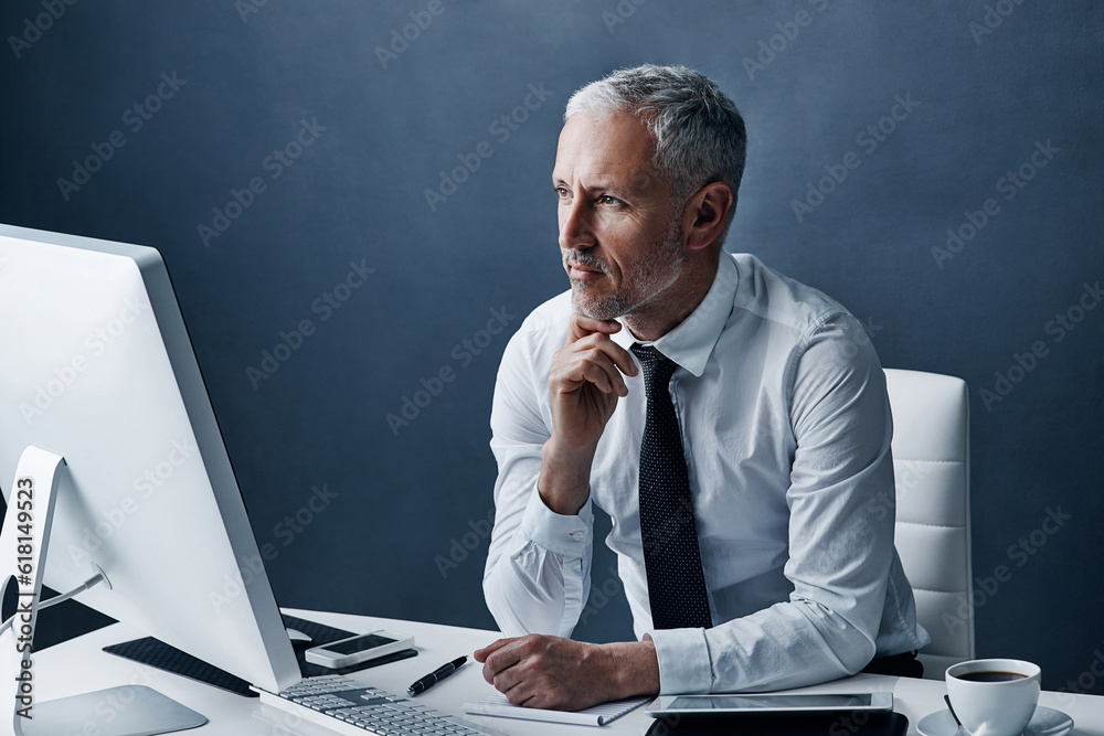 Fototapete thinking, office and business man on computer for online project, internet and browse website at des