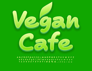 Vector green Emblem Vegan Cafe with decorative Leaf. Bright Abstract Font. Trendy Alphabet Letters, Numbers and Symbols