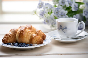 Morning breakfast rustic still life. Coffee cup croissant with cream, flower decoration. Vintage rural sunny light, white plates. Selective focus, high key
