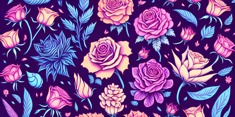 Beautiful flowers and leaves on a purple background, colorful patterns, floristry, beautiful natural drawing, decorative banner. Generative ai