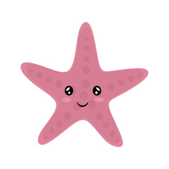 Smiling pink cute starfish isolated. Cartoon funny sea animal. Children's marine oceanic Starfish in flat style. vector illustration