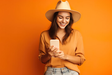 AI generated image of girl with phone on orange background