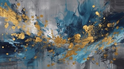 abstract background of blue and yellow paint splashes on a gray wall, Generative AI.