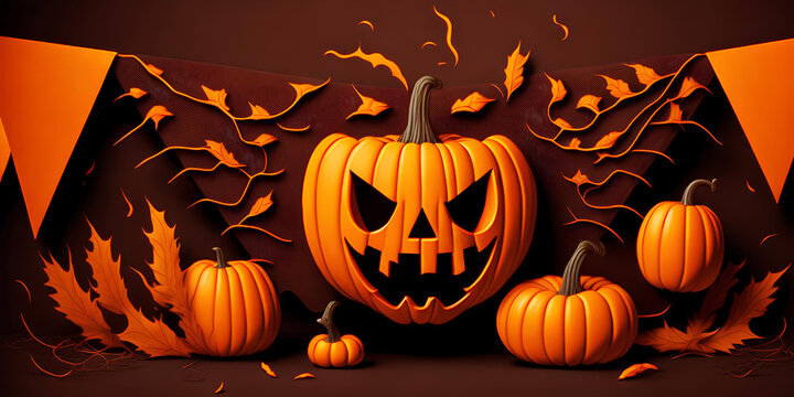 halloween banner with a creepy pumpkin with leaves and patterns on an orange, autumn background, 3d render. Generative ai