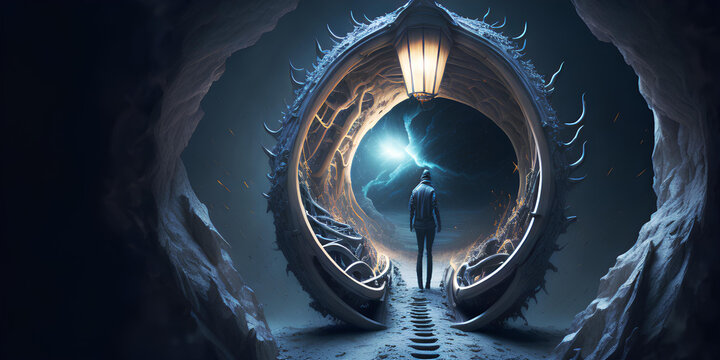 A person stands on the border of worlds, a parallel world, another space. Generative ai