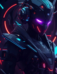3D rendering of a robot fighter in futuristic space with neon lights