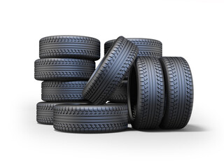 3D rendering of set of tires for car on white background with shadow