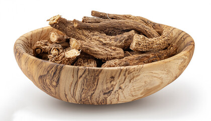 Calamus root in wooden bowl, isolated on white background. Sweet flag, sway or muskrat root. Dry root of Acorus calamus.