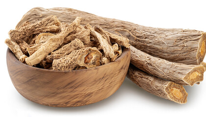 Calamus root in wooden bowl, isolated on white background. Sweet flag, sway or muskrat root. Dry root of Acorus calamus.