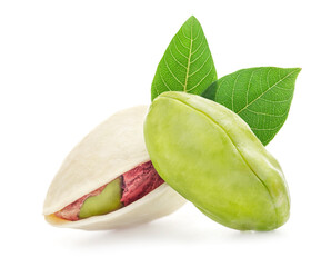 Pistachios nuts with leaf isolated on white