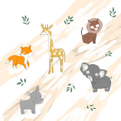Obraz premium Childish watercolor background with animals in warm colors
