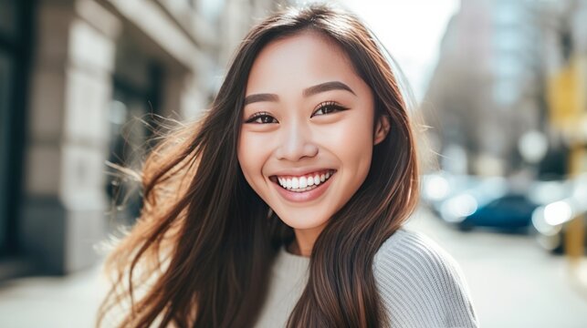 Happy young Asian girl standing on the street, a smiling woman outdoors. Closeup portrait of a cheerful young female Asian adult on a street. Girl outside on a bright and warm summer day.
