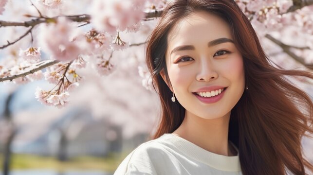 Happy young Asian girl standing in front of a blooming Sakura tree, a smiling woman near flowers. Closeup portrait of a cheerful young female Asian adult in wild nature. Girl outside on a summer day.