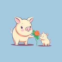 Fototapeta premium Postcard baby animal gives a flower to mom. illustrative minimalistic image. Concept: happy mother's day, expression of love and appreciation Generative AI