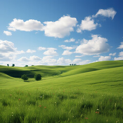 Fototapeta premium Landscape view of green grass on a hillside with blue sky and clouds in the background. Beautiful natural landscape of countryside hills created with generative AI technology.
