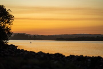 Fototapeta na wymiar beautiful landscape of swans on a lake at sunset at dusk in australia