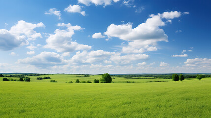 Obraz premium Landscape view of green grass on a hillside with blue sky and clouds in the background. Beautiful natural landscape of countryside hills created with generative AI technology.