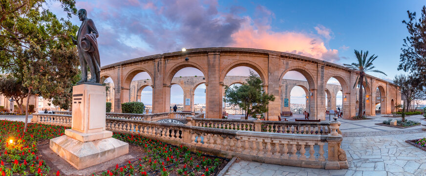 Upper Baraka garden and with the decorative stone arches, Valleta, Malta.