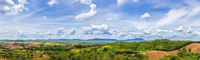 Fototapeta na wymiar Panorama landscape of mountains, forests and beautiful skies in countryside