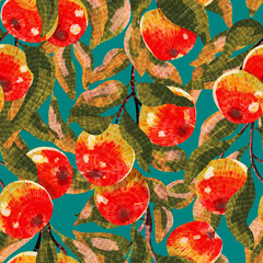 Seamless pattern of green and red apples. Bright, juicy, tasty fruits. Background for eco products, kitchen design, textiles, fabrics, paper. Illustration with emulation of watercolor effect. 