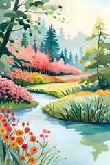 Serene Nature Lake Flowers Trees Watercolor Painting  Artwork, AI Generated, Tranquil, Scenic, Botanical, Landscape