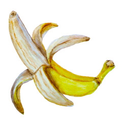 Ripe half peeled banana. Watercolor hand drawn illustration. Isolated.