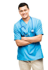 Portrait, nurse and happy man with arms crossed in studio isolated on white background mockup. Confidence, medical professional and Asian surgeon, doctor or physician from Japan ready for healthcare.