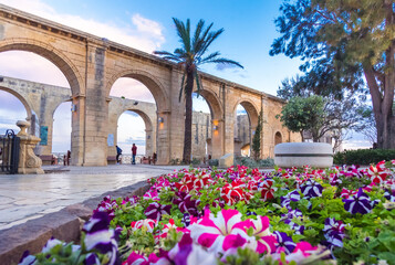 Upper Baraka garden and with the decorative stone arches, Valleta, Malta.