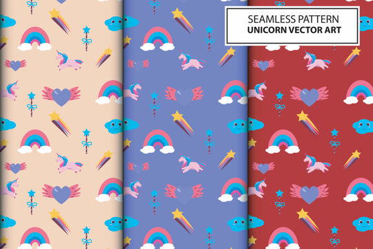 Seamless pattern with unicorns, rainbow donuts, confetti and other elements. Vector background suitable for paper patterns, wall hangings and more. isolated in pastel colors