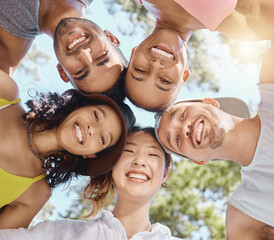 Portrait, huddle and friends with a smile, woods and bonding with fresh air, wellness and...