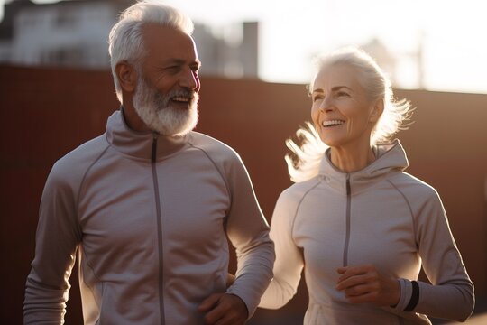 Senior couple with gray hair jogging in the park. Generative ai image.