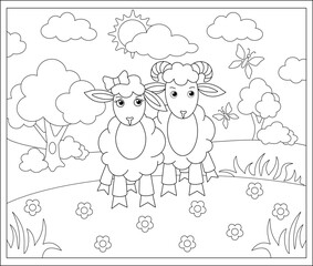 A pair of sheep, a sheep and a ram in a meadow against the background of clouds and the sun - a vector linear picture for coloring. Outline. Cute sheep on the background of the landscape. Trees, bushe