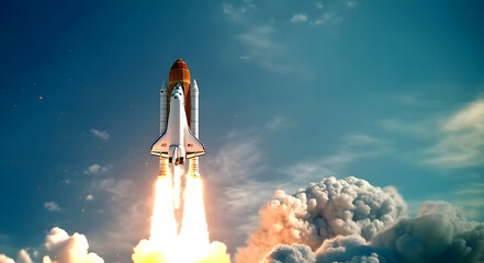 Fototapeta premium Rocket launch into space, wide banner with copy space, concept of business startup, growth, website or project design, generative ai