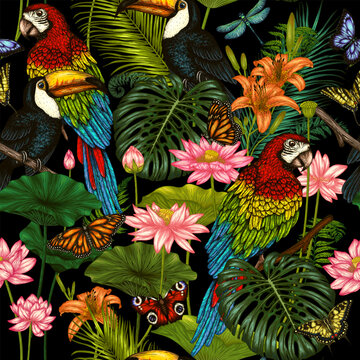 Seamless vector pattern toucan and macaw parrot in tropical garden with butterflies in engraving style