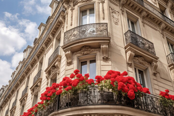 Façade cintrée d'un immeuble parisien, de type Haussmannien avec des balcons fleuris de géraniums rouges et des buis
