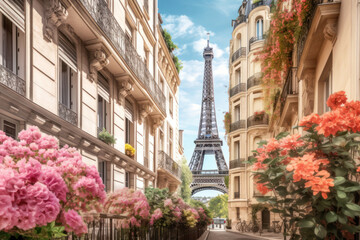 Fototapeta na wymiar Rue de Paris avec des immeubles Haussmanniens avec des balcons fleuris de géraniums et une vue sur la Tour Eiffel