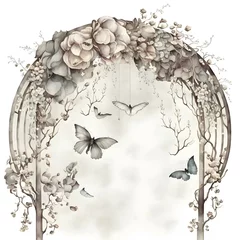 Fototapete Schmetterlinge im Grunge beautiful muted gray waterstain background   flowers   butterflies   white arbor, soft, serene, blended, background only, detailed watercolor illustration