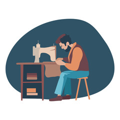 Tailor man. The concept of gender inclusion. A young man with a beard sits at a sewing machine and gunther clothes. Modern vector illustration in flat style isolated on white