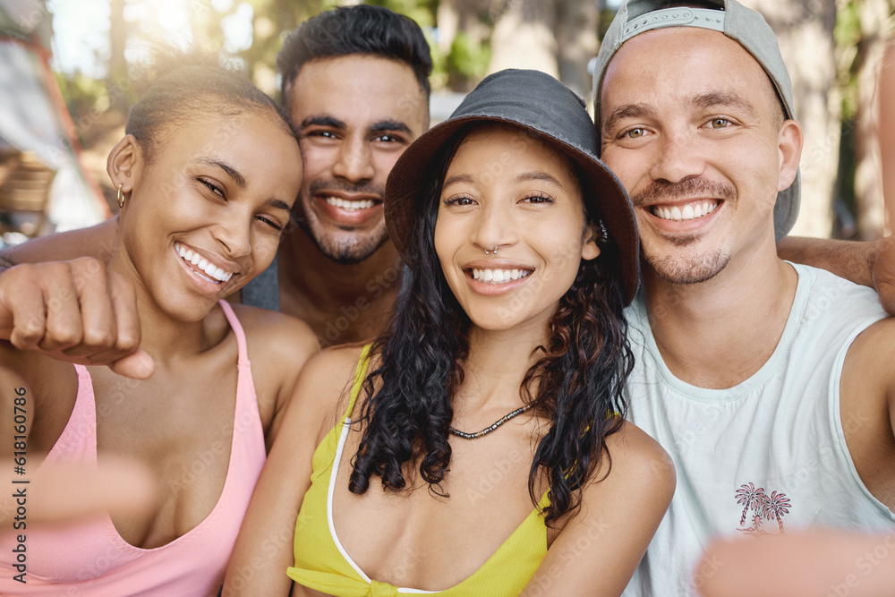 Canvas Prints Friends, camping in nature and selfie, travel with diversity and bonding, group of people in forest and portrait. Summer, fun and happiness, men and women smile in picture, memory and relax outdoor