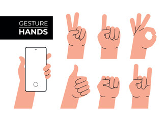 Seven different gestures of hands. Flat vector minimalist illustrations of body parts