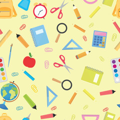 School themed pattern school supplies backpack on blue background