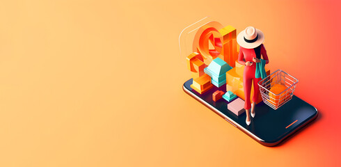 Fototapeta premium Illustration of online shopping, smartphone app, banner, Generative AI 2
