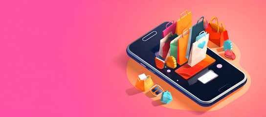 Illustration of online shopping, smartphone app, banner, Generative AI 3
