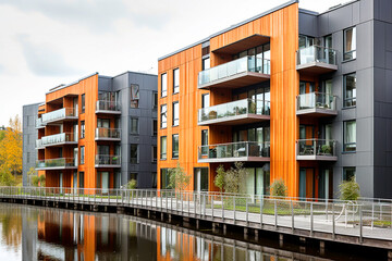 Modern and environmentally friendly apartment buildings built over water. AI generativ.