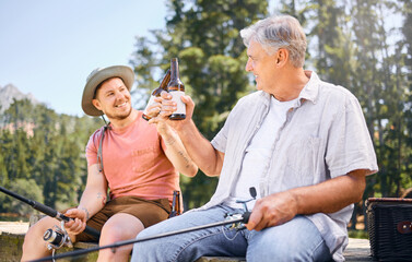 Fishing, lake and senior male or son with drink for happiness or adventure at forest on vacation....