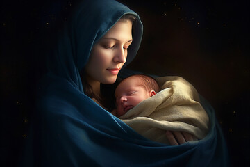  Holy Mary holding baby Jesus Christ in her arms. Graphic representation. AI generativ. - obrazy, fototapety, plakaty
