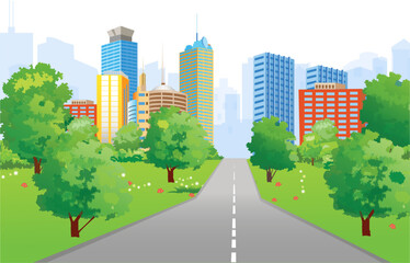 Vector illustration representing view of a city street with buildings and a park in the springtime. 