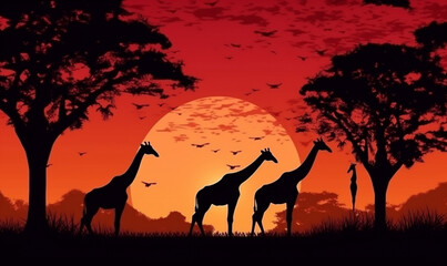 Fototapeta na wymiar elephant wild safari africa nature giraffe animal silhouette wildlife sunset. Generative AI.