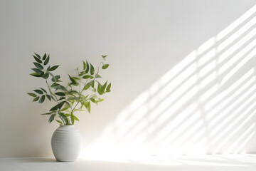 Blurred shadow from leaves plants on the white wall. Minimal abstract background for product presentation. Spring and summer. generative ai