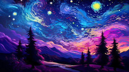 Fototapeta na wymiar Hand drawn cartoon beautiful illustration of starry sky landscape 